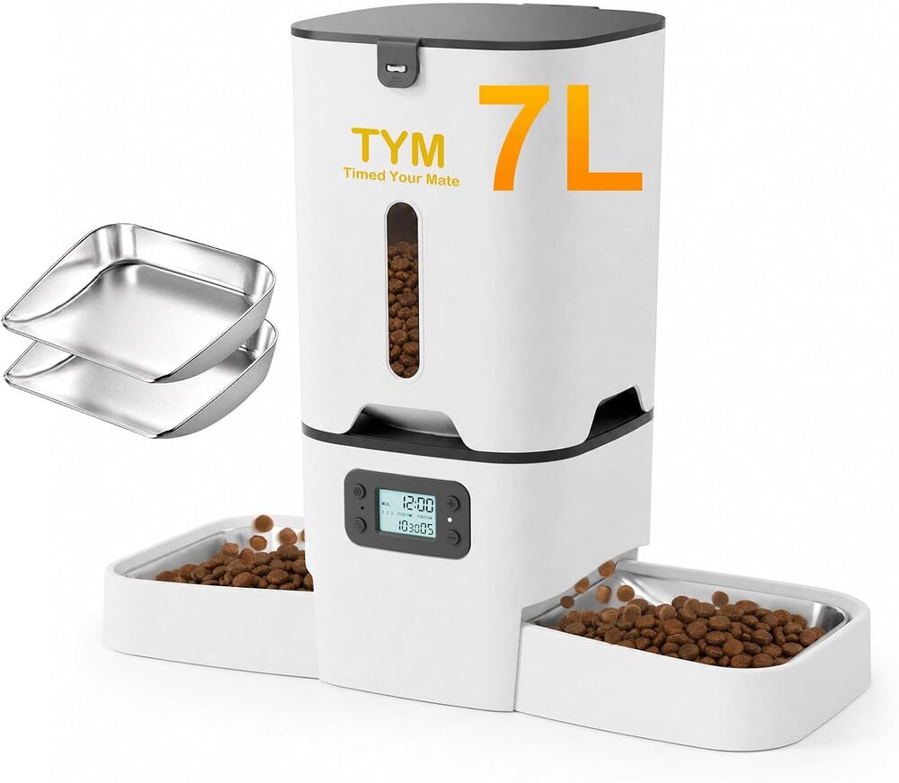 TYM Automatic Cat Feeder 2 Cats, 7L Cat Dry Food Dispenser with Double Bowls